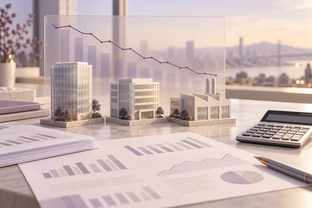 Finansal raporlar, hesap makinesi ve mor grafik önünde temsili şirket binaları