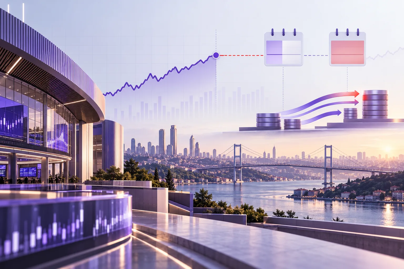 İstanbul silüeti, yarım gün seans takvimi ve ertelenen takas akışını gösteren temsili BIST 100 illüstrasyonu
