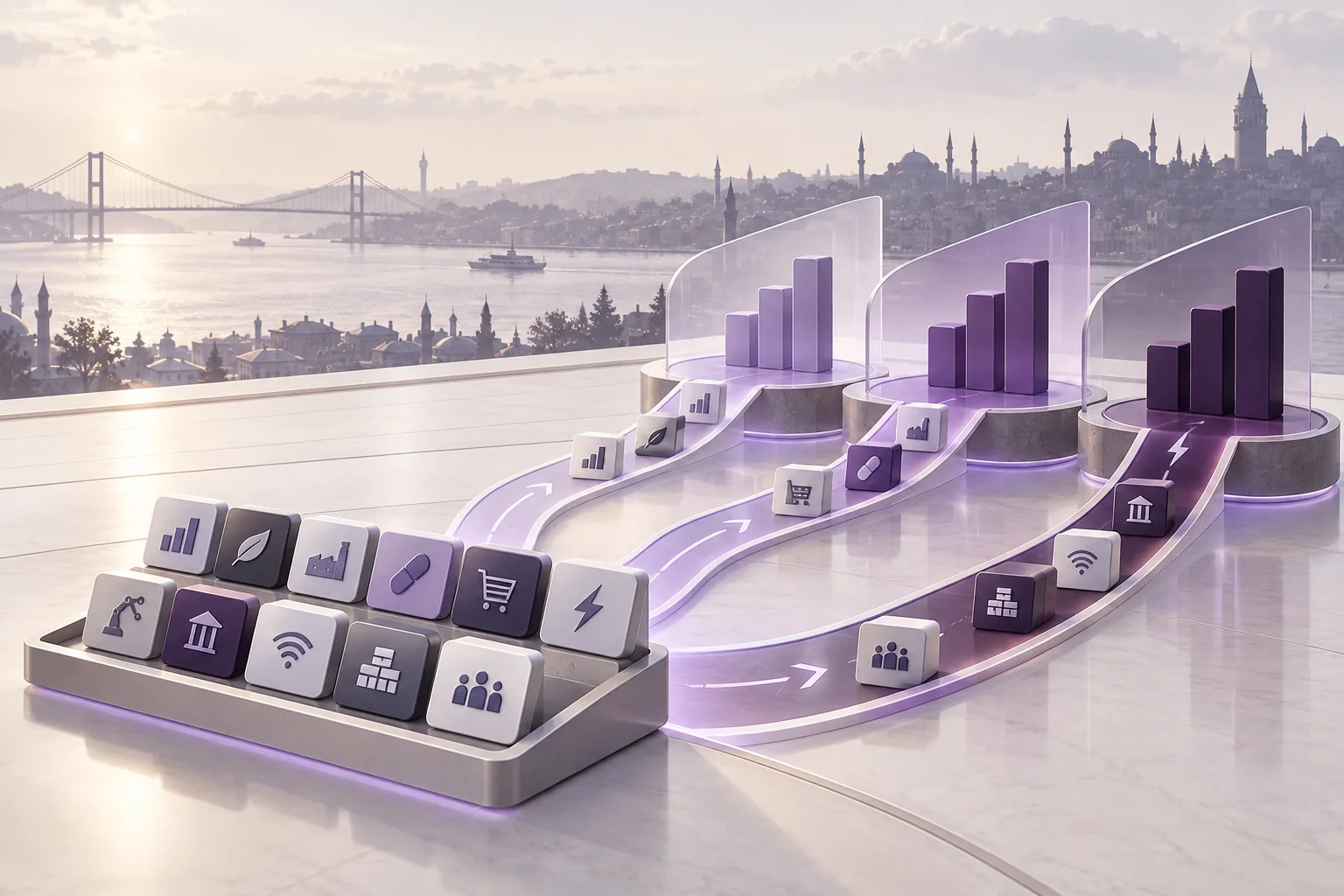 İstanbul silüeti önünde üç borsa endeksine ayrılan mor tonlu yedek pay blokları