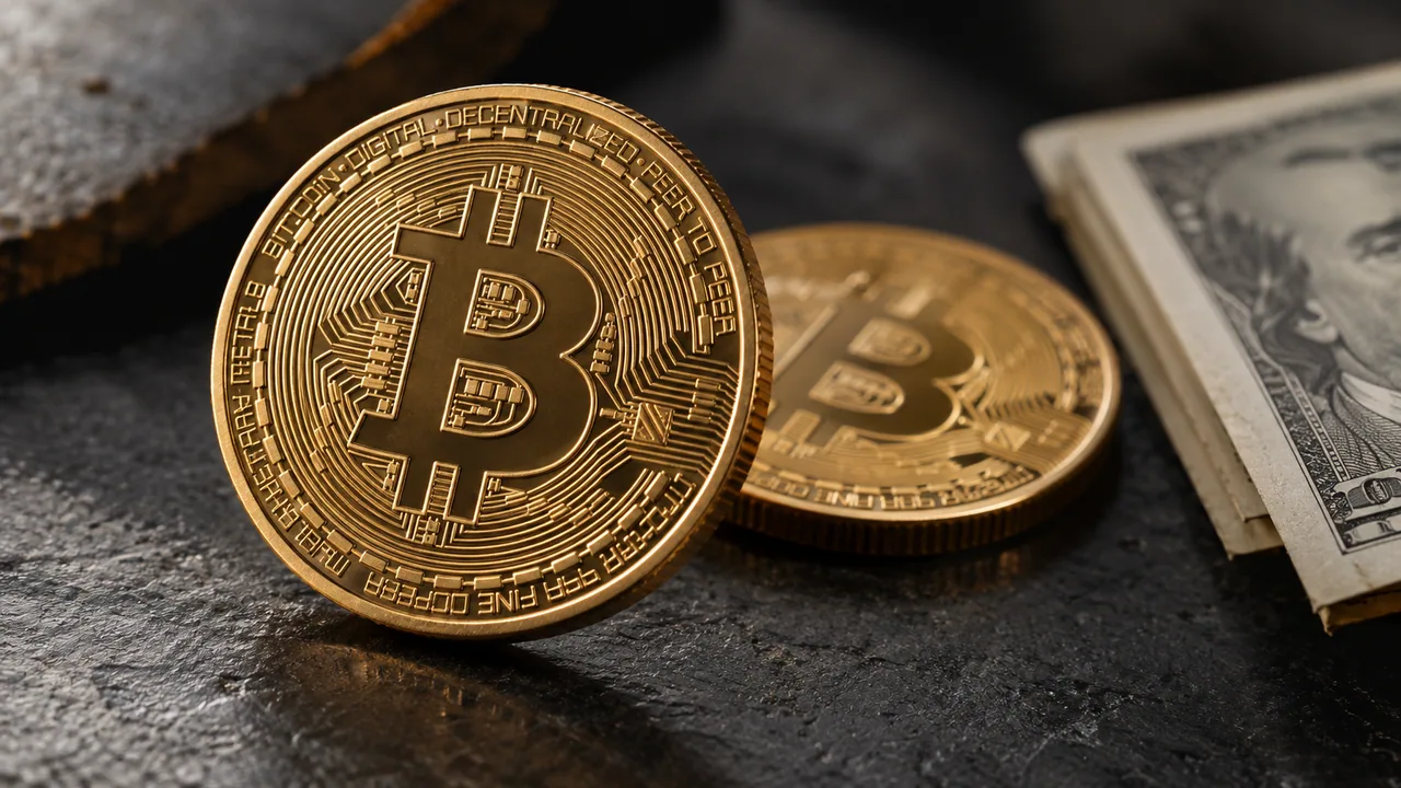 Koyu taş yüzeyde Bitcoin sembollü metal paralar