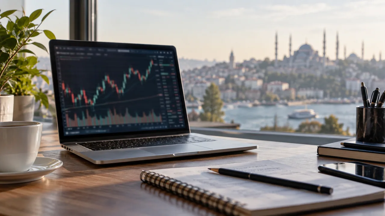 İstanbul manzarası önünde finans grafikleri açık bir dizüstü bilgisayar