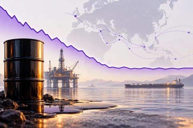 Petrol varili, açık deniz platformu, tanker ve gerileyen piyasa çizgisinden oluşan temsili Brent petrol illüstrasyonu