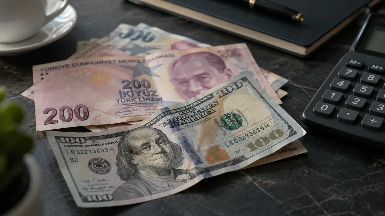 Dolar ve Türk lirası banknotlarının yanında hesap makinesi