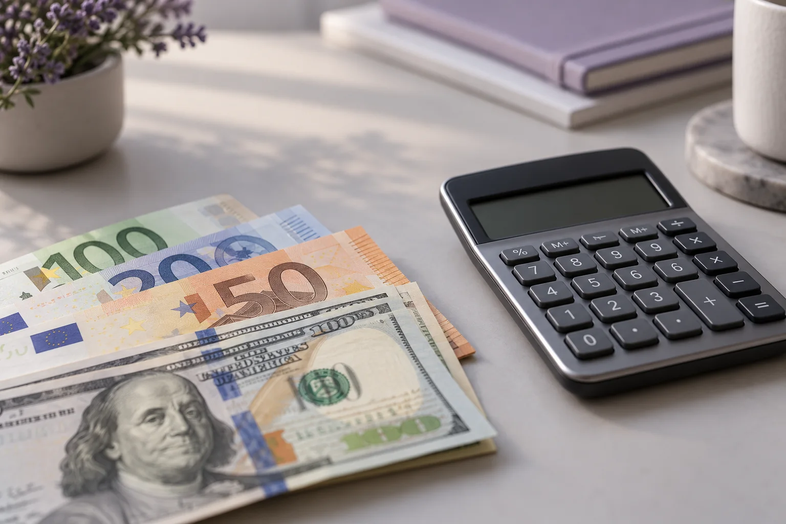 Dolar ve euro banknotlarının yanında hesap makinesi